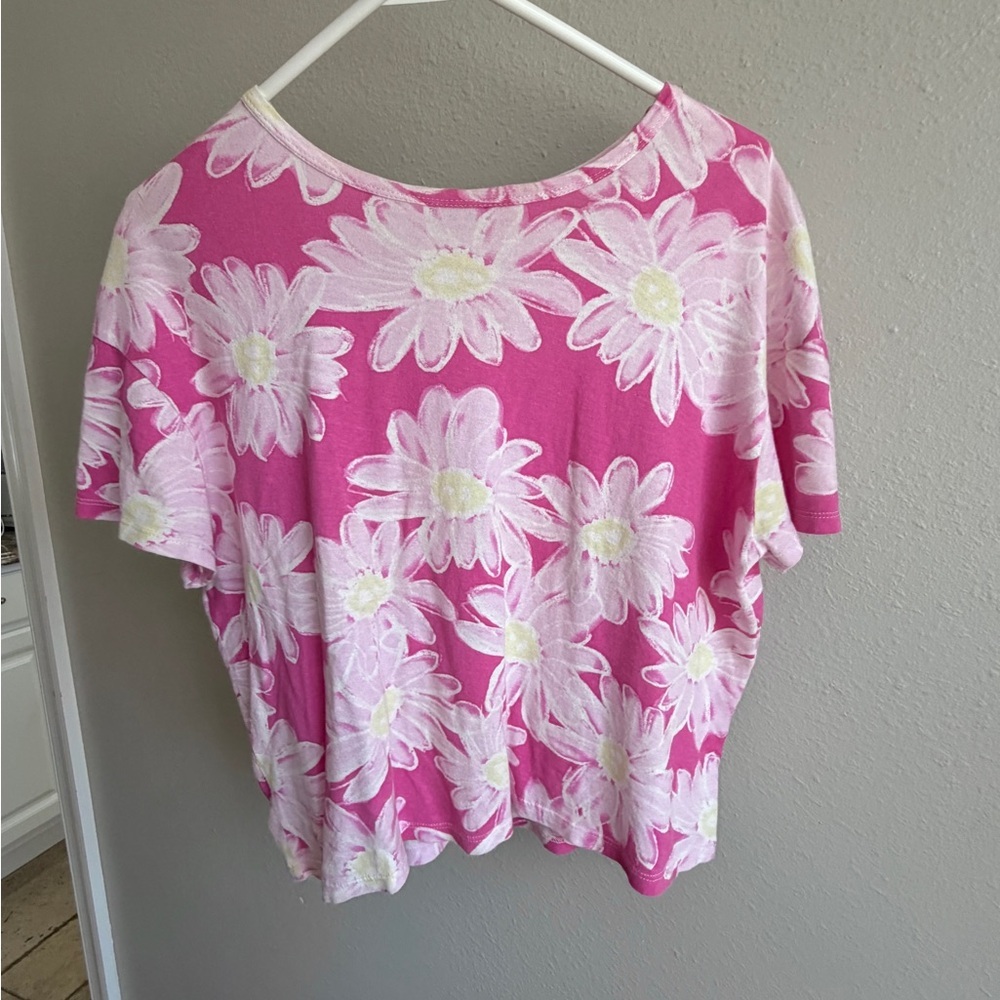 Zara Pink Short Sleeve Shirt size S Daisy Flower Printed Casual Pullover spring - Picture 3 of 6